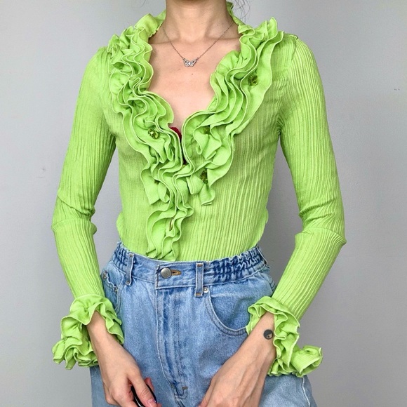 Vintage Tops - Vintage 90s lime green ruffle blouse top
